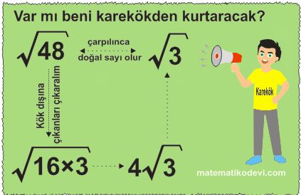 Karekoklu bir ifade ile carpildiginda sonucu bir dogal sayi yapan carpanlara ornek verir4.