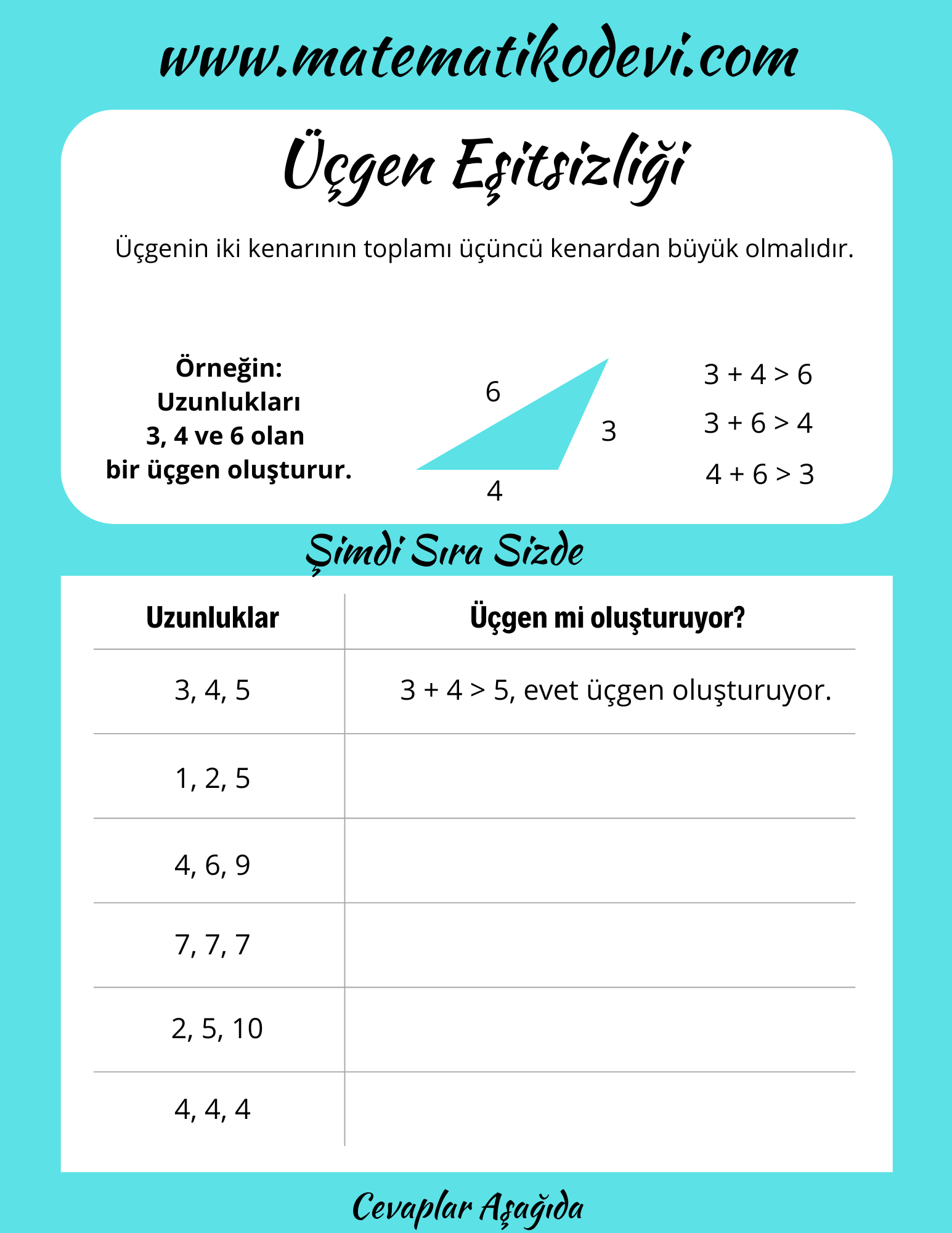 Ucgenin iki kenar uzunlugunun toplami veya farki ile ucuncu kenarinin uzunlugunu iliskilendirir.10