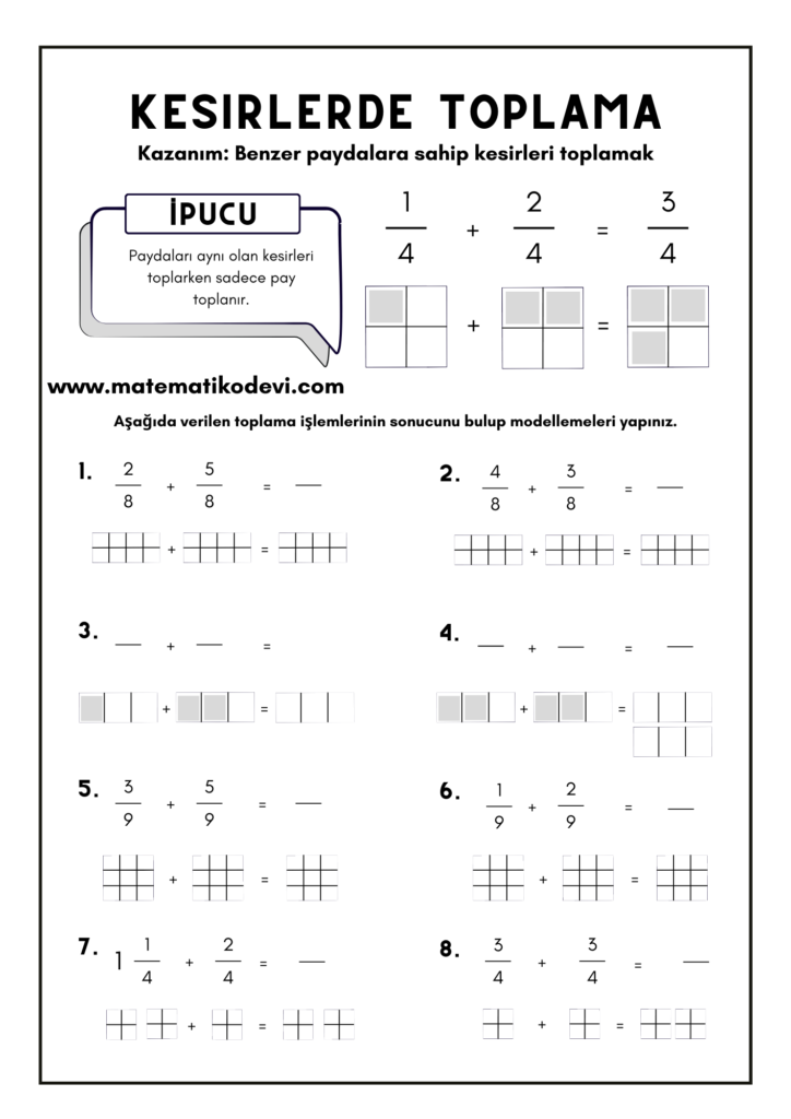 Paydalari esit veya birinin paydasi digerinin paydasinin kati olan iki kesrin toplama ve cikarma islemini yapar ve anlamlandirir.4